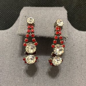Red & rhinestone dangling pierced earrings
